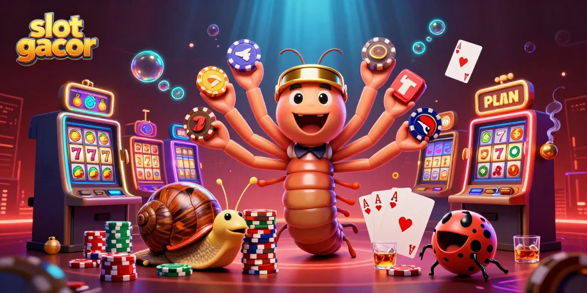 Experience winning with slot gacor as a cartoon millipede dealer and colorful slot elements fill the scene.