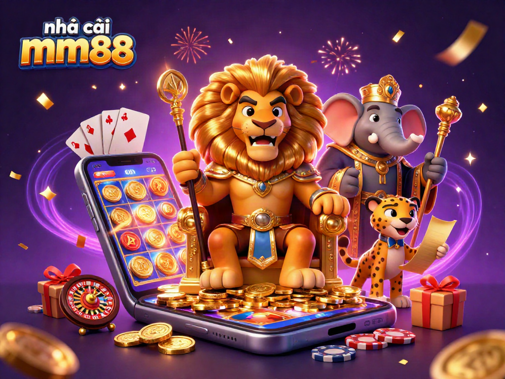 Engaging scene with nhà cái mm88 featuring a lion king and vibrant casino elements.