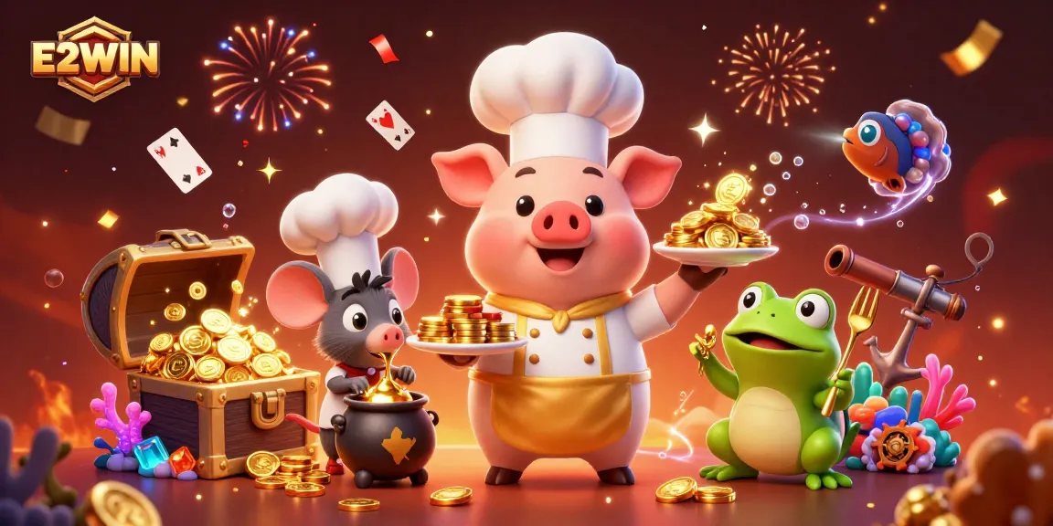E2WIN offers vibrant thrills in this animated casino scene with gold coins and colorful gems.
