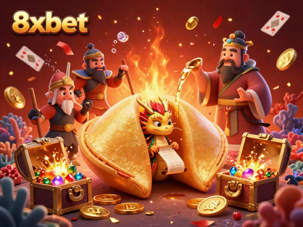 Experience thrilling gameplay with 8xbet in this captivating 3D illustration filled with fortune cookies, dragons, and treasure.
