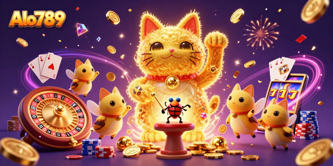 Alo789 offers thrilling gaming experiences with a vibrant lucky cat made of golden fireflies, surrounded by dynamic casino elements.