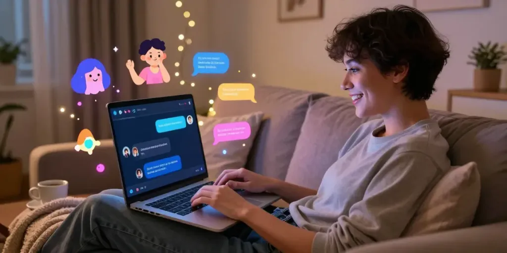 AI chat porn scene featuring a person enjoying engaging conversations with dynamic character interactions on a laptop.