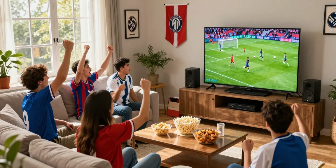 Live sports fans watching ihdsports channel in a cozy living room with snacks and jerseys.