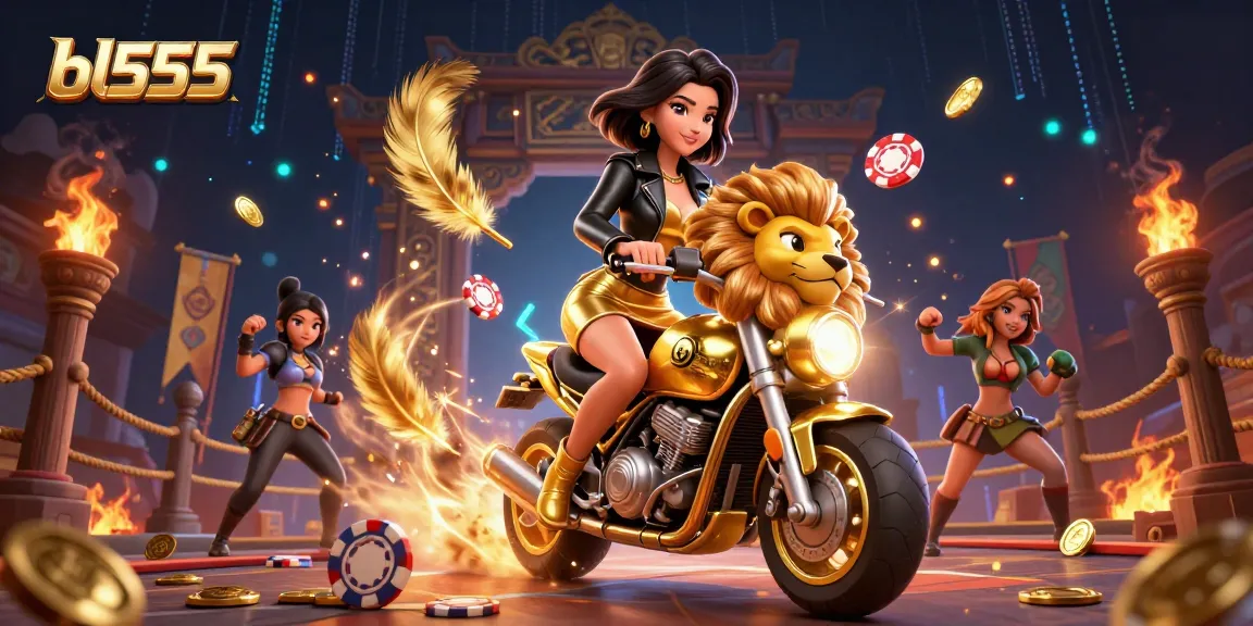 Experience thrilling gaming at bl555 with a glamorous scene featuring a stylish woman, a golden lion, and casino elements.