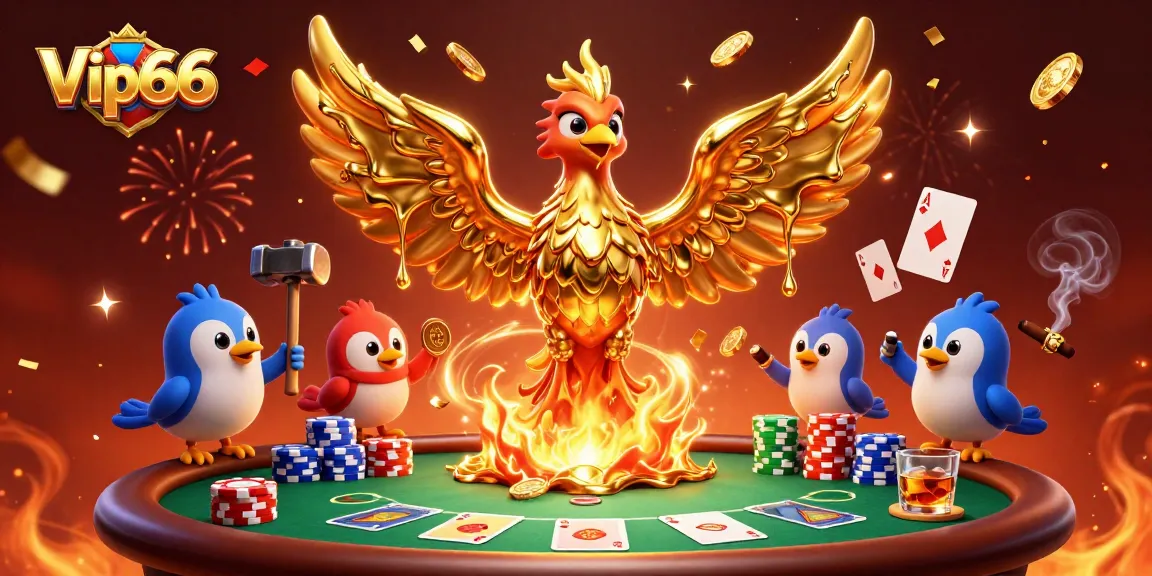 Experience thrilling gameplay at Vip66 with golden phoenix, poker chips, and dynamic casino elements.