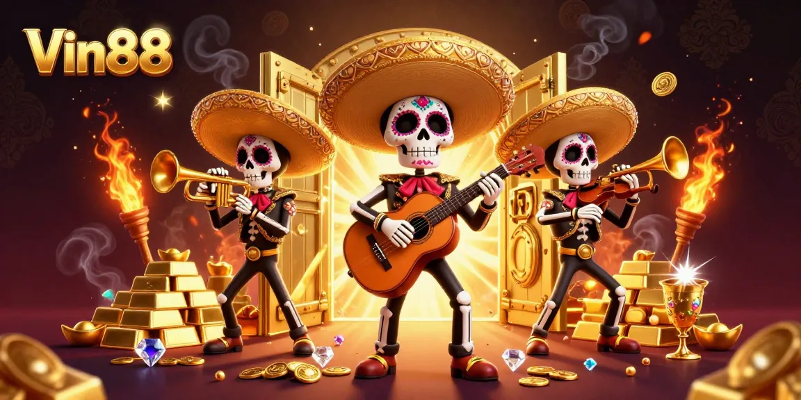 Experience Vin88's exciting casino world with lively mariachi characters and dazzling treasures.