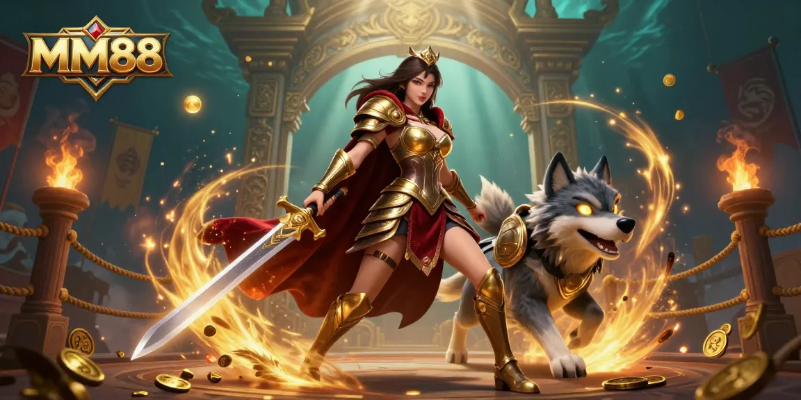 Engage with the exciting world of MM88, featuring dynamic gaming elements surrounded by a warrior queen and a glowing-eyed wolf.