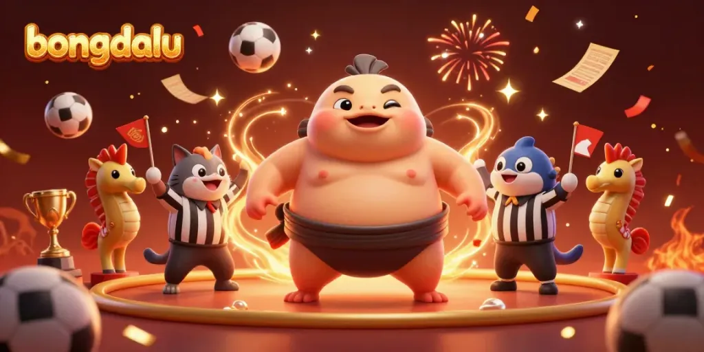 Bongdalu's 3D fugu in a lively underwater ring, surrounded by sports-themed elements and vibrant decor.