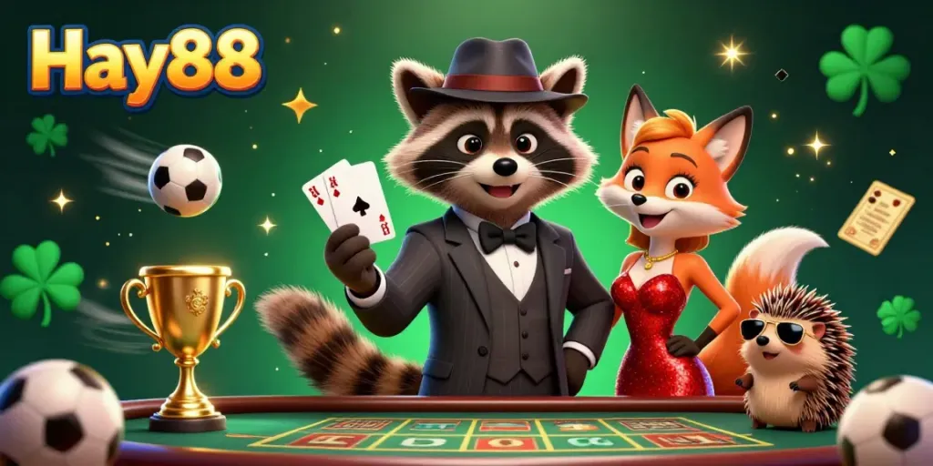 Experience Hay88 with a royal flush in hand, amid dynamic sports elements and vibrant casino ambiance.