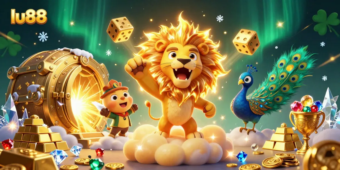 Experience excitement at lu88 with a triumphant lion amidst sparkling gold and dynamic casino elements.