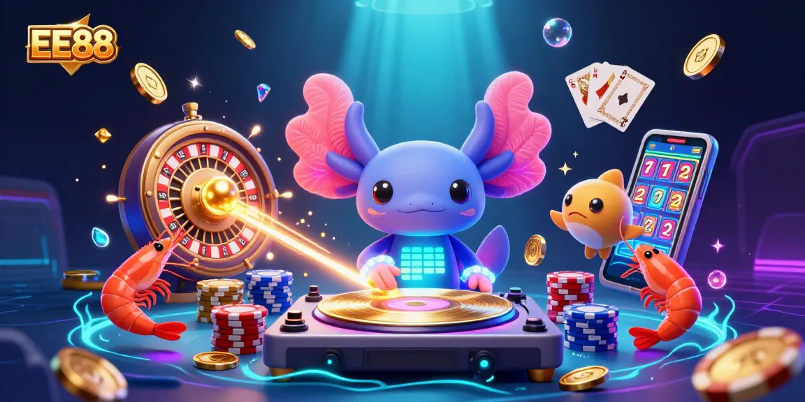 Spin and win with EE88's vibrant 3D illustration showcasing lively gaming elements and characters.