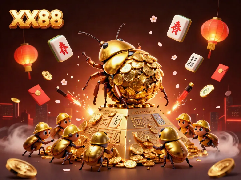 Experience the exciting world of XX88 with a golden dung beetle illustration showcasing vibrant casino elements.
