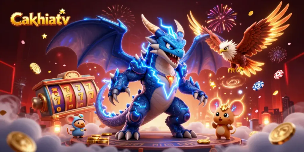 Cakhiatv brings exhilarating online gaming excitement with vibrant cartoon imagery of fantasy characters amidst slot machines and poker chips.