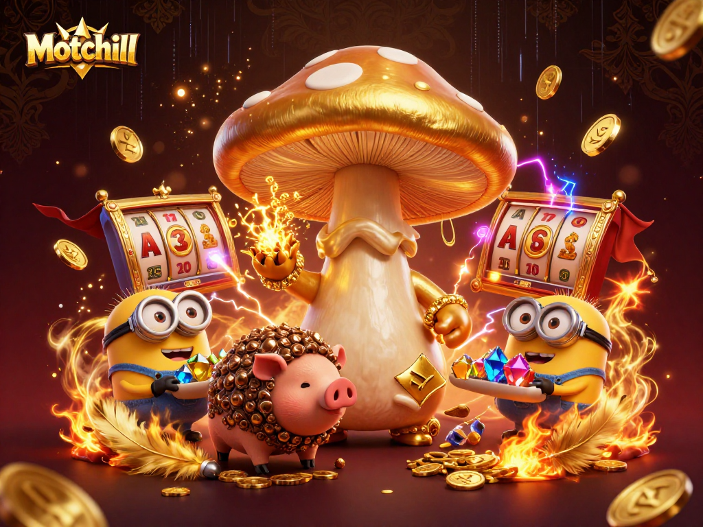 Motchill Casino: Enormous golden mushroom wizard and minions surrounded by magical casino treasures.