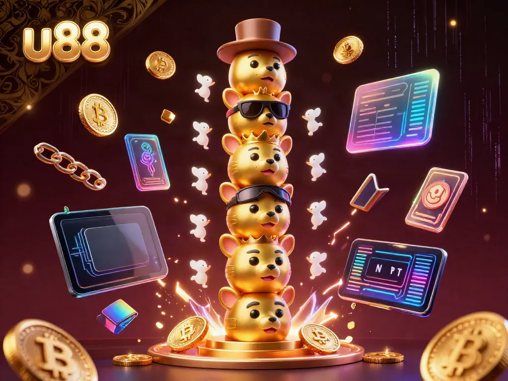 Engage with u88's immersive gaming experience, featuring a vibrant cartoon totem surrounded by crypto elements.