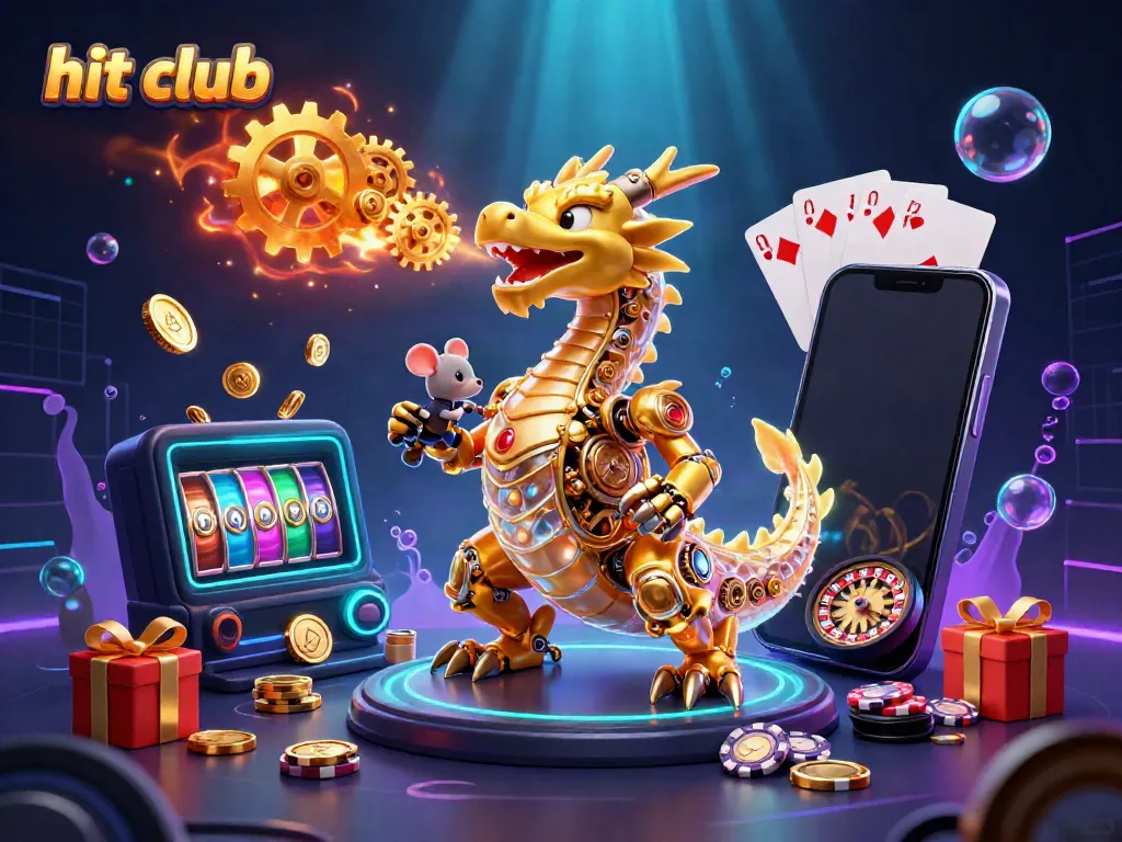 Join the hit club as the golden dragon breathes golden gears while surrounded by vibrant casino games.
