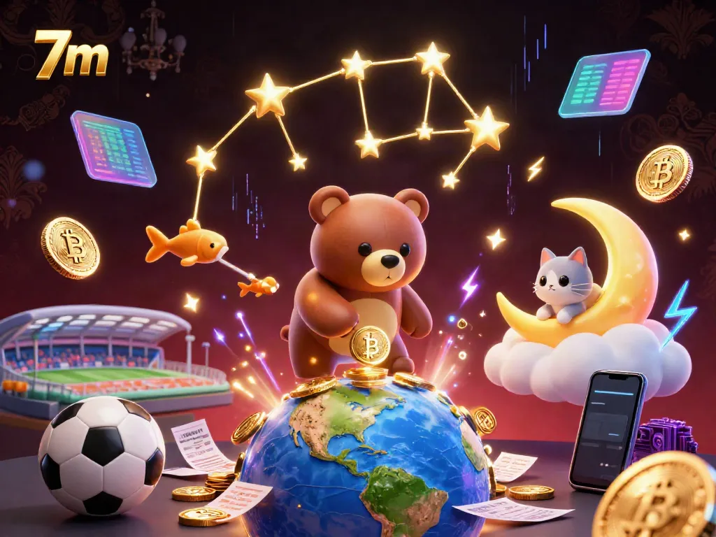Experience the excitement of 7m sports betting with our vibrant 3D illustration featuring a golden constellation bear and dynamic elements.