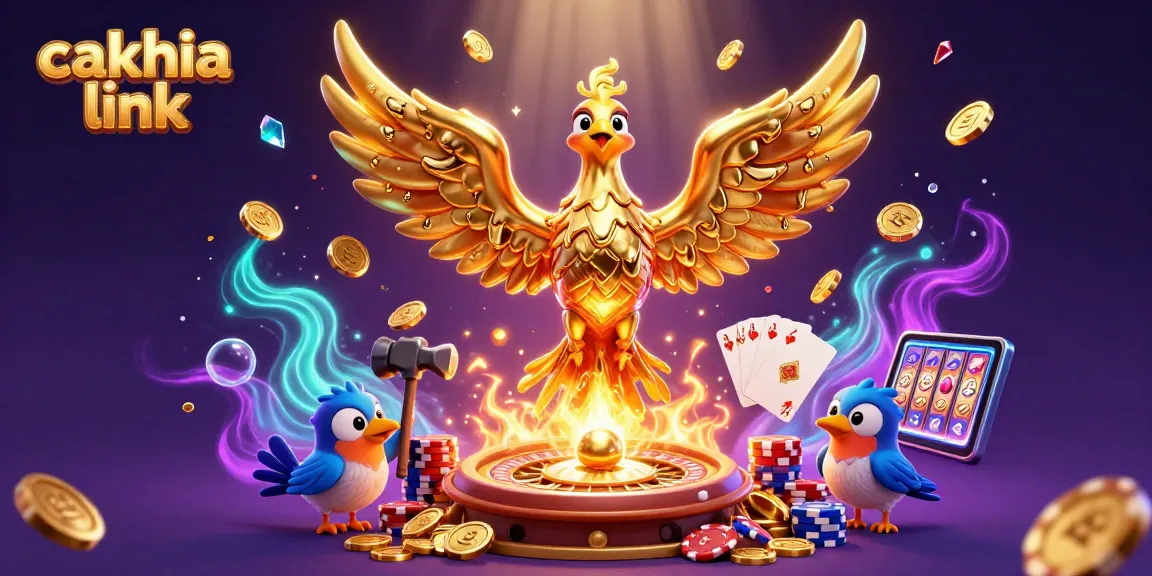 Engage with cakhia link as golden phoenix transcends into coins, amidst an energetic casino atmosphere.