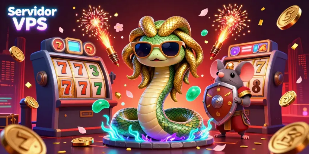 Engage in thrilling gameplay with Servidor VPS, where a friendly Medusa and a warrior mouse bring luck in a vibrant casino.