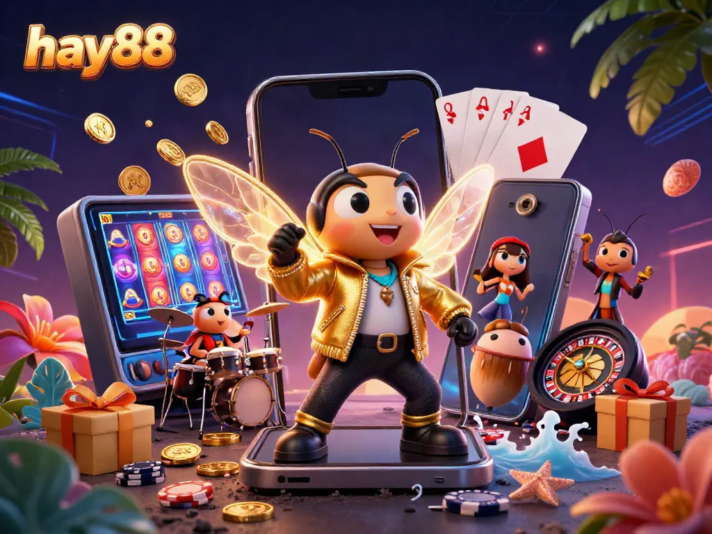 Experience excitement at hay88 with an animated rock star cicada performing amidst casino games and vibrant symbols.