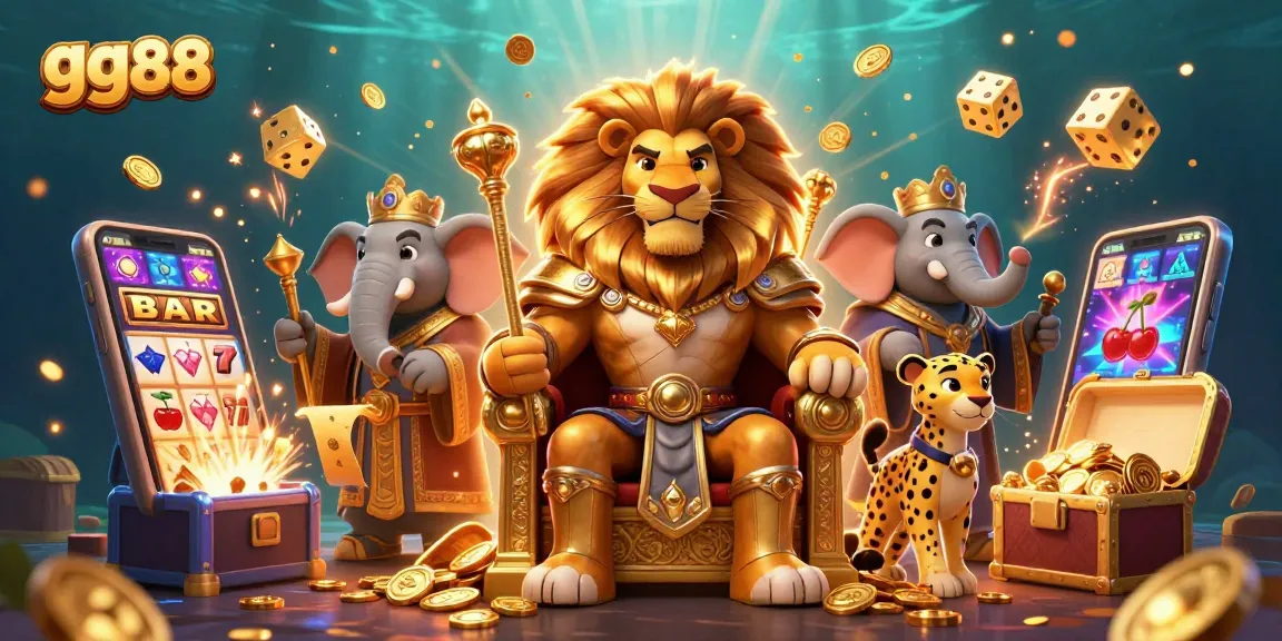 Experience the excitement at gg88 with a vibrant 3D casino scene featuring a lion king and dramatic jackpots.