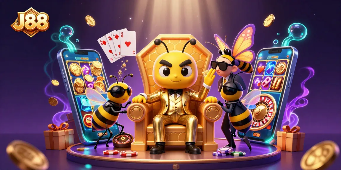 Spin the reels at J88 with a colorful slot game, surrounded by festive casino elements.