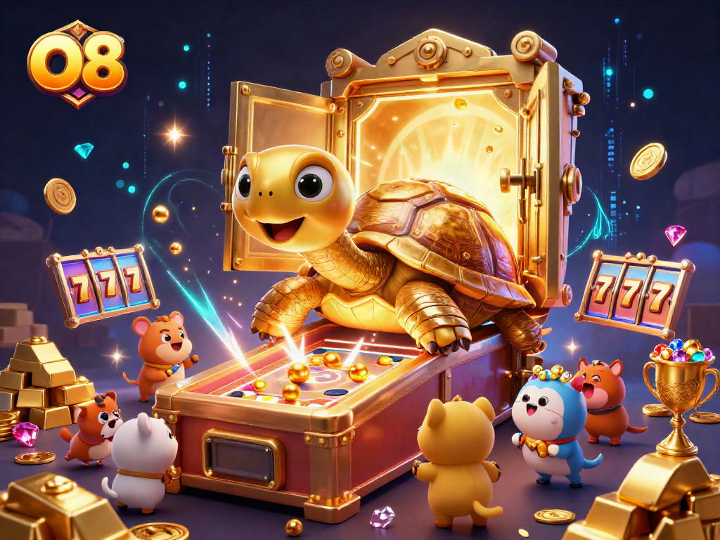 Engage in the vibrant O8 casino experience with golden treasures and animated characters.
