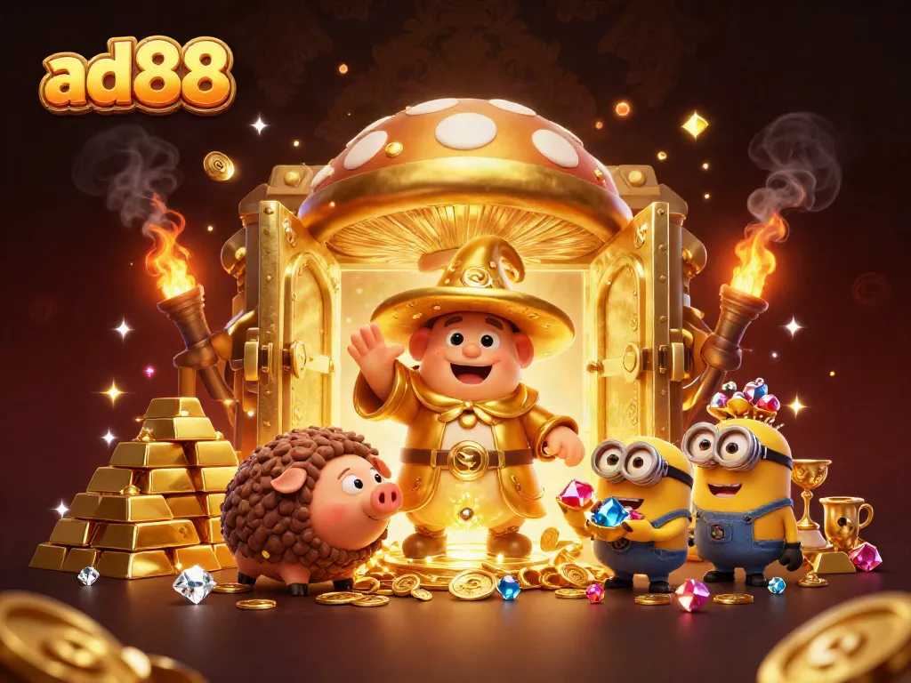 Join the adventure with ad88 as the magical mushroom wizard turns treasures into gold!
