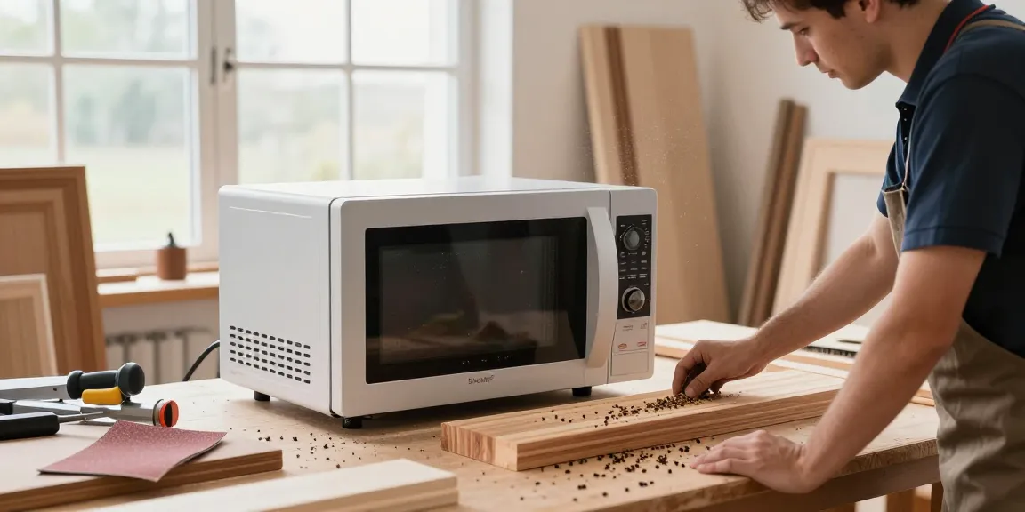 Shashel® microwave device demonstrating wood-boring beetle elimination in a bright workshop.