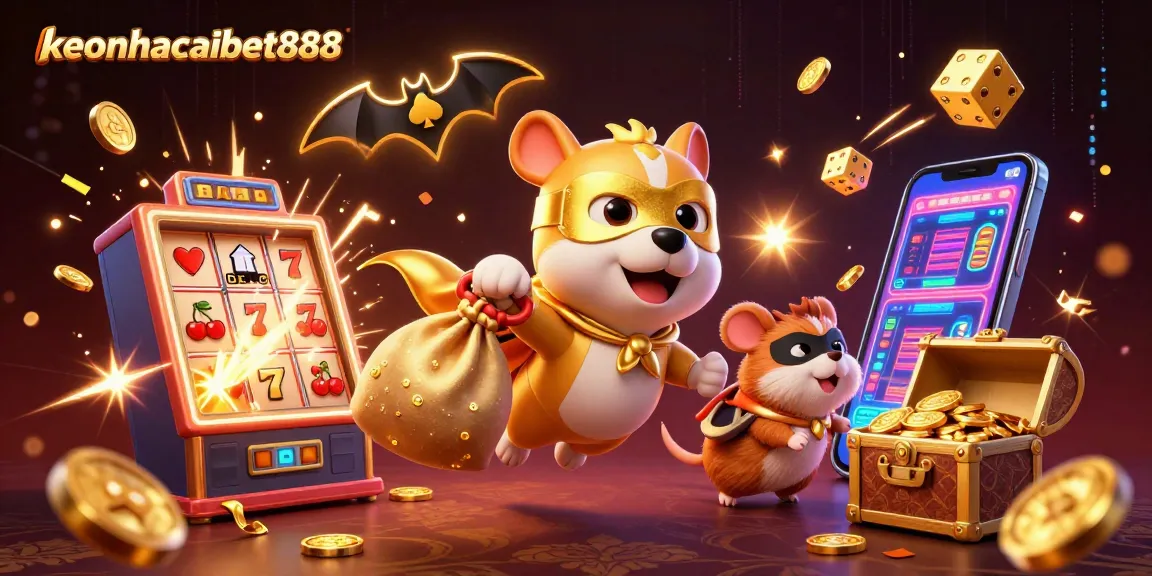 Engage in thrilling gameplay with keonhacaibet888 as the superhero dog and sidekick hamster soar through a vibrant casino scene.
