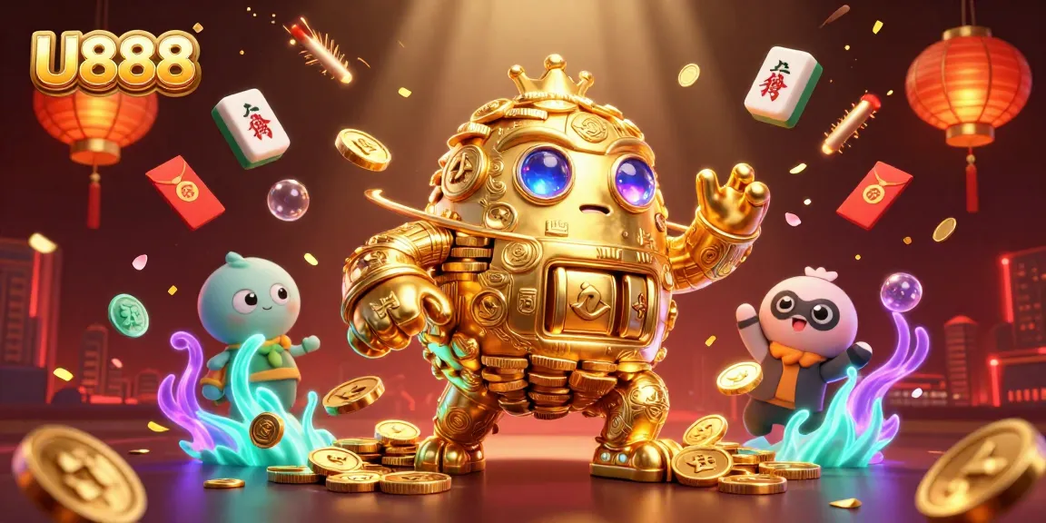 Engage with U888's vibrant casino world, featuring a golden golem amidst dynamic gaming symbols.