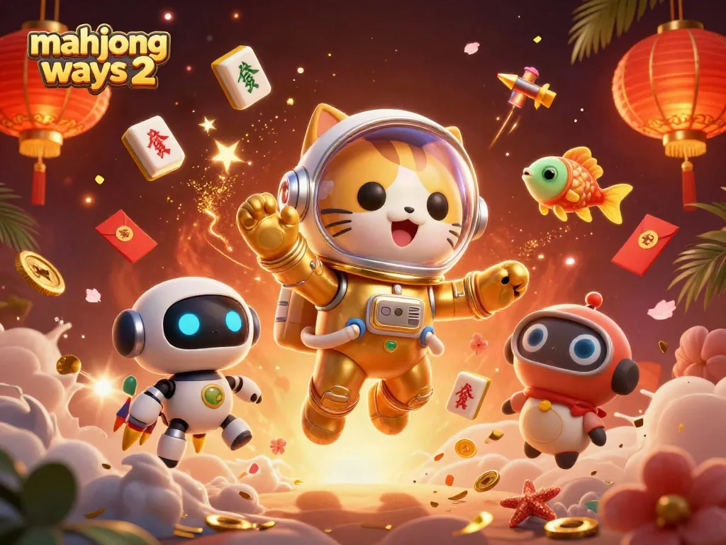 Engage with mahjong ways 2 in a vibrant casino-themed 3D illustration of playful characters and festive elements.