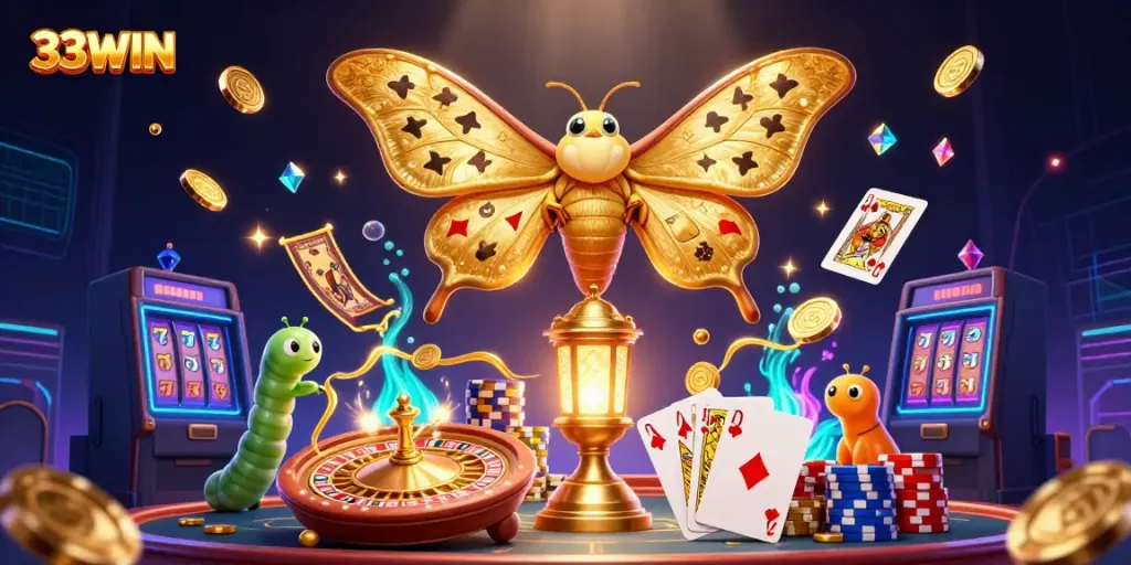 Engage with 33WIN's thrilling casino experience through vibrant, golden illustrations.