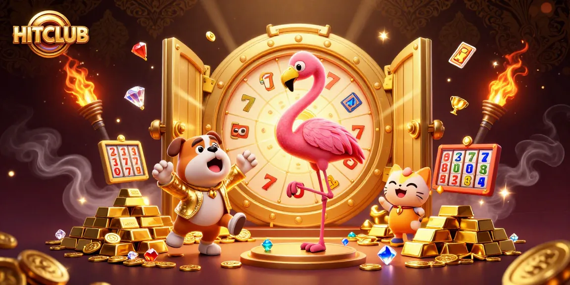 Spin the giant prize wheel at HITCLUB to win jackpots and treasures in this vibrant casino scene.