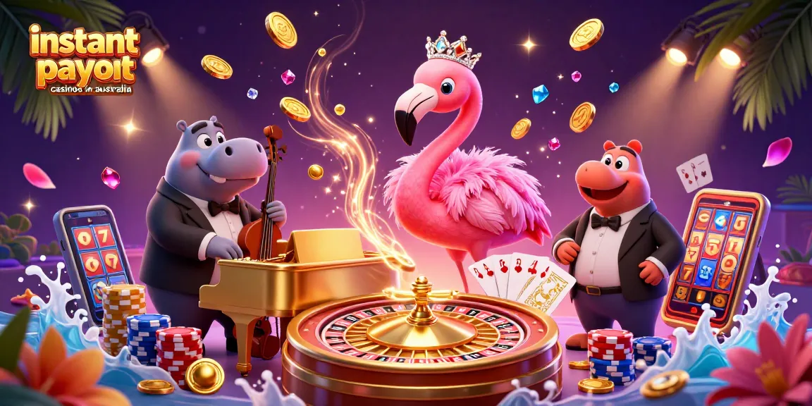 Experience instant payout casinos in Australia with vibrant gaming elements and dynamic characters in a lively showdown.