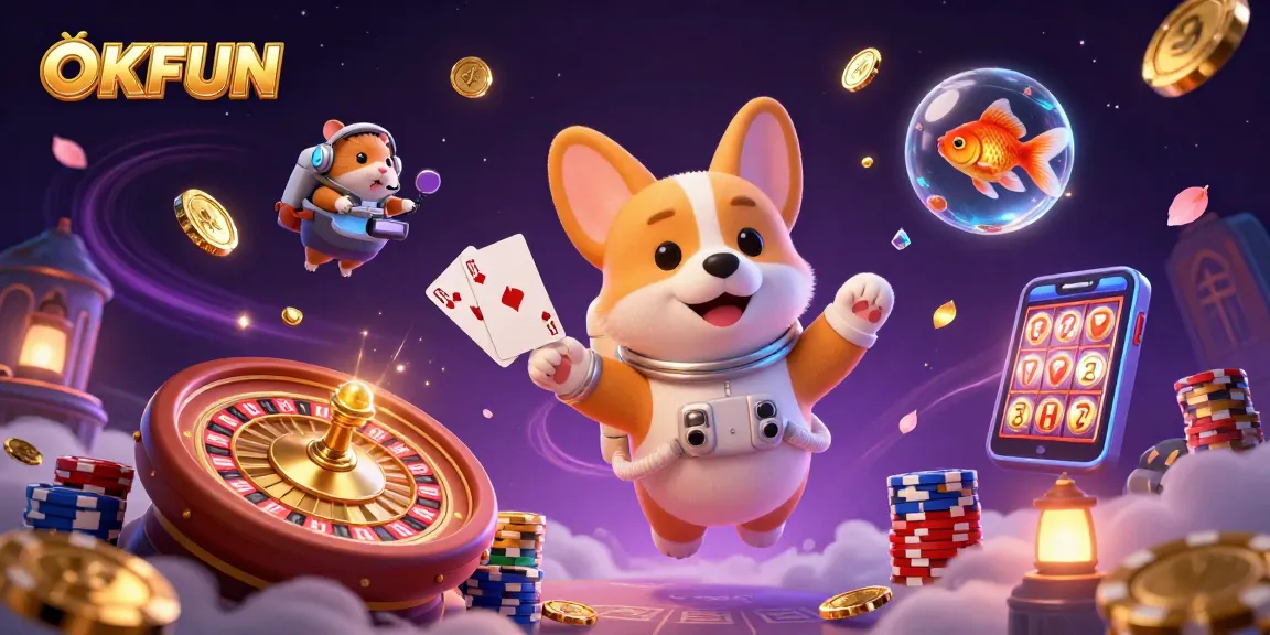 Experience excitement at OKFUN with a playful astronaut corgi in a vibrant space casino, surrounded by drifting coins and jewels.
