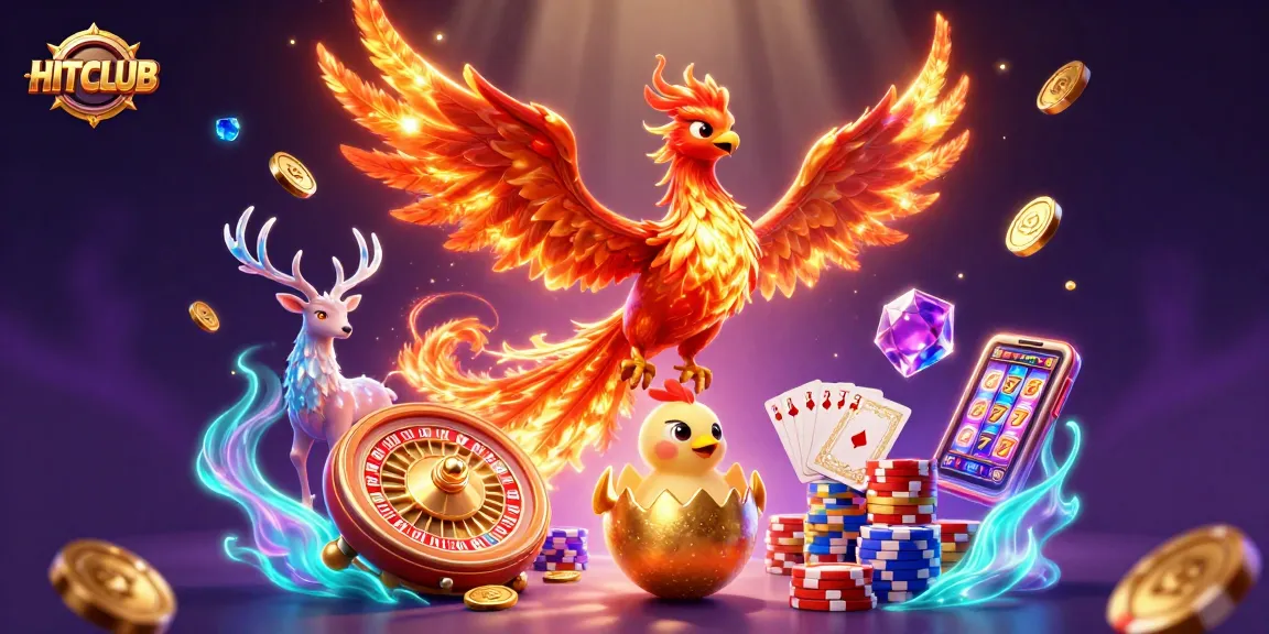 Experience HITCLUB's thrilling games with a vibrant 3D casino scene featuring dynamic characters and gaming elements.