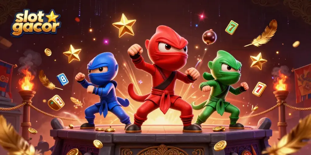 Experience slot gacor excitement with a vibrant 3D illustration of chameleon ninjas in action.