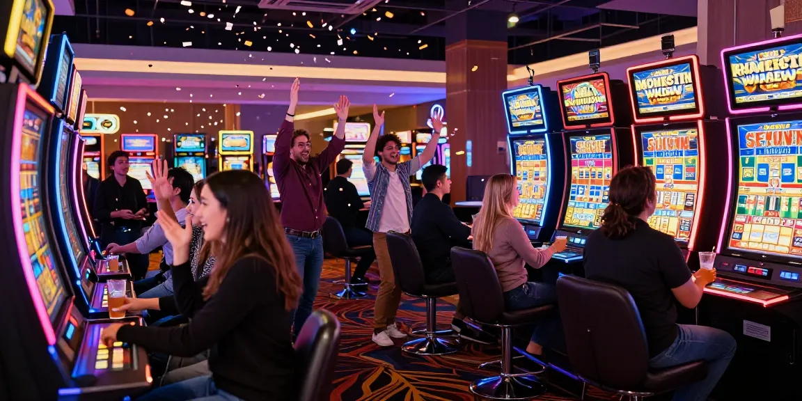 Celebration at slot jackpot event with players enjoying the festive atmosphere.