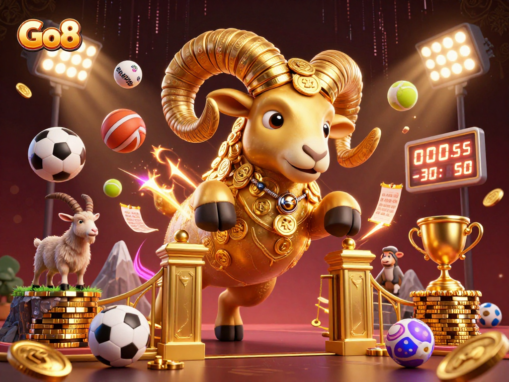 Experience the thrill of Go8 gaming with dynamic sports elements and a golden ram charging through a casino atmosphere.