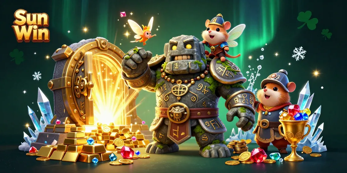 Engage with Sun Win's magical world, featuring a golem guardian and treasure in a vibrant casino setting.