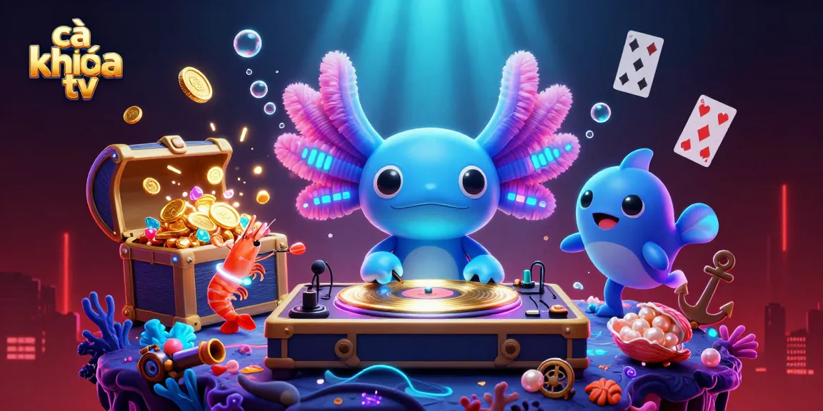 Cà khịa tv showcases a lively underwater party with a neon DJ and vibrant sea creatures, spinning tunes and providing festive excitement.