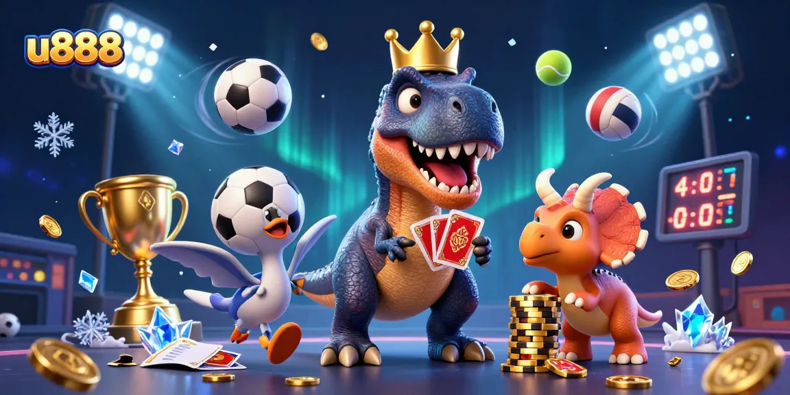Join the excitement at u888 with playful dinosaurs in a thrilling casino scene!