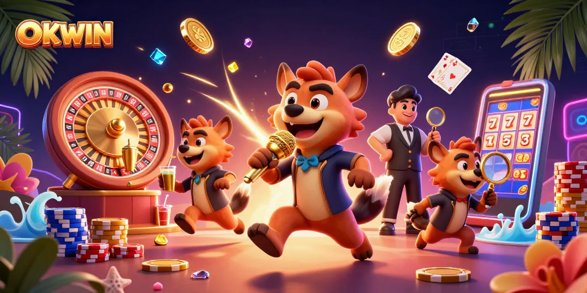 Experience the vibrant atmosphere at OKWIN casino club featuring interactive hyenas, golden coins, and a roulette wheel.