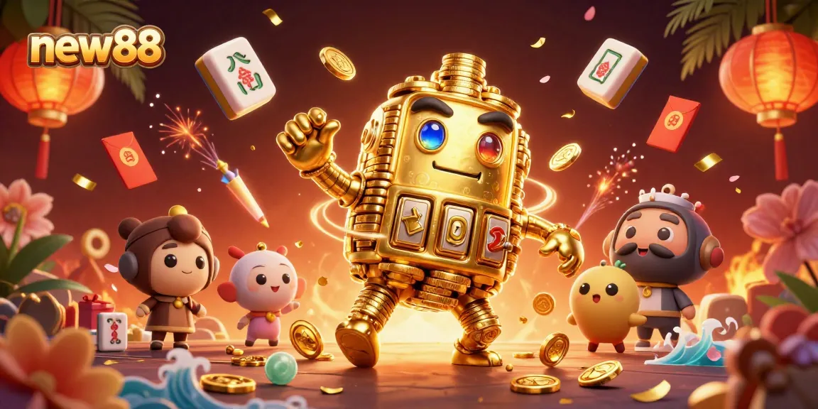 Experience exhilarating gaming with new88's dynamic golden golem amidst vibrant casino elements.