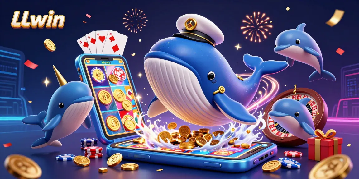 Experience exciting wins with LLwin, featuring a vibrant scene of playful dolphins and colorful casino elements.