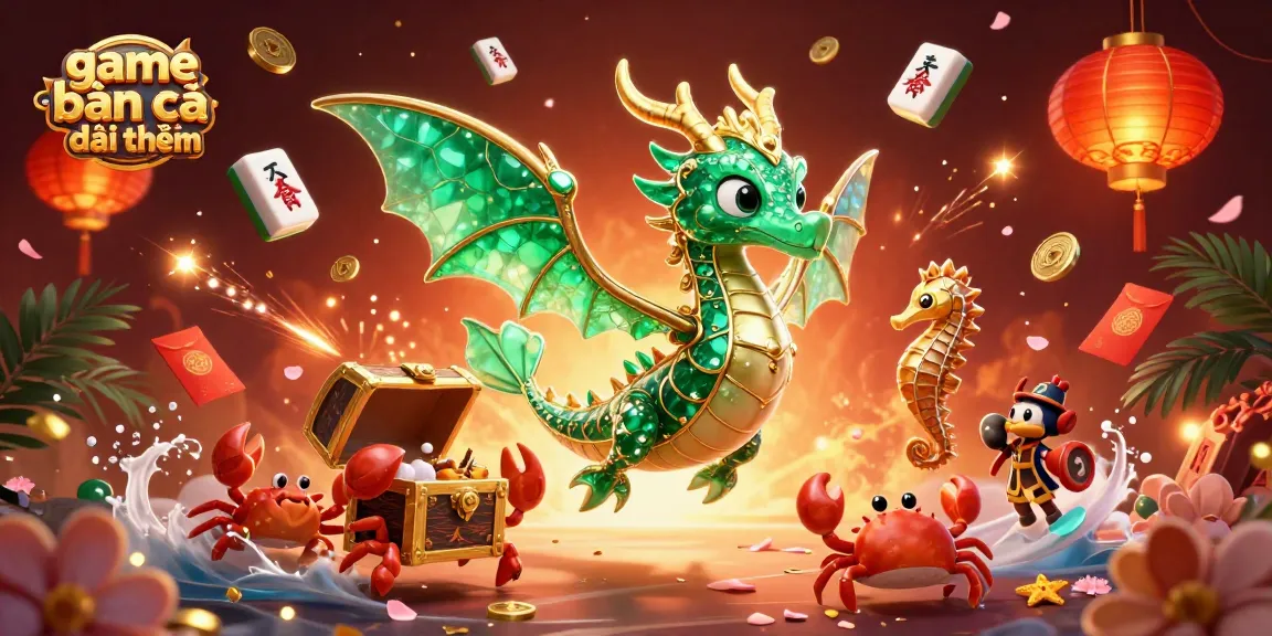 Engage in game bắn cá đổi thưởng action with emerald sea dragons and crab treasure hunt amidst golden elements.
