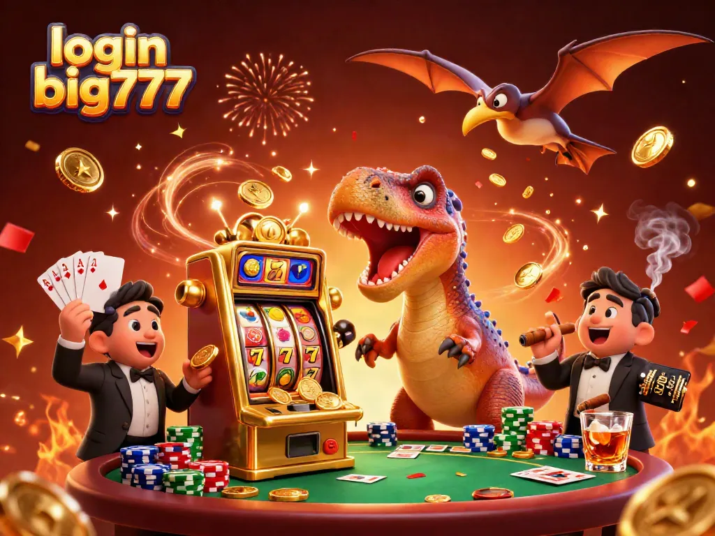 Win big at login big777 with colorful slots and cartoon dinosaurs in a vibrant casino scene.