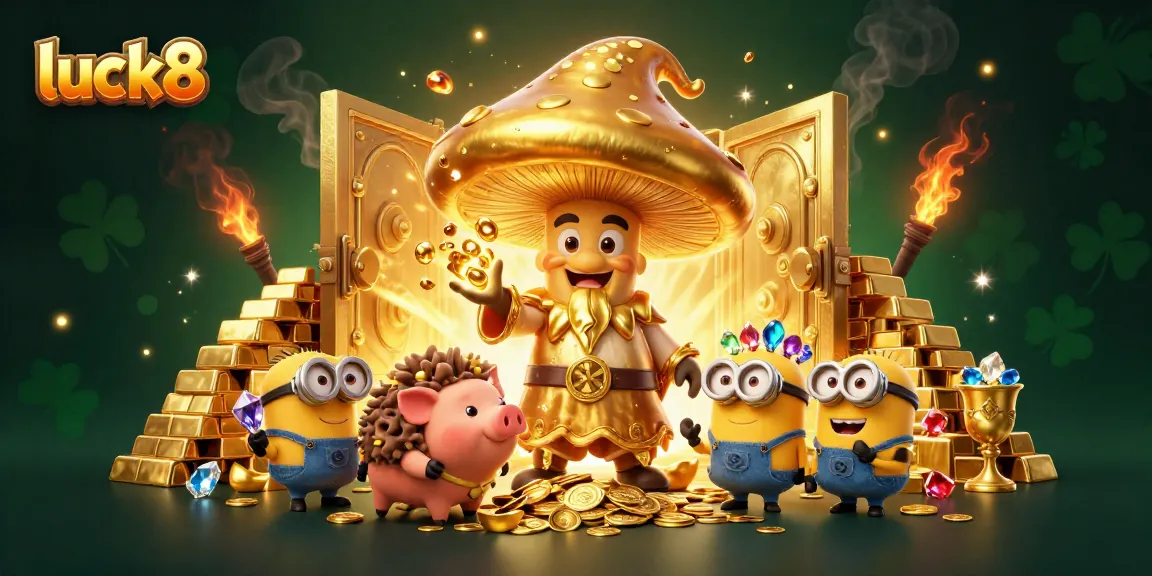 Luck8 conjures riches with a magical scene of golden treasures and mystical characters.