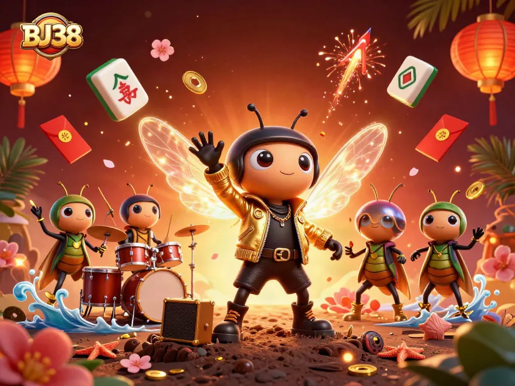 Engage in BJ38 casino action with an electrifying rock star scene full of vibrant gaming elements.
